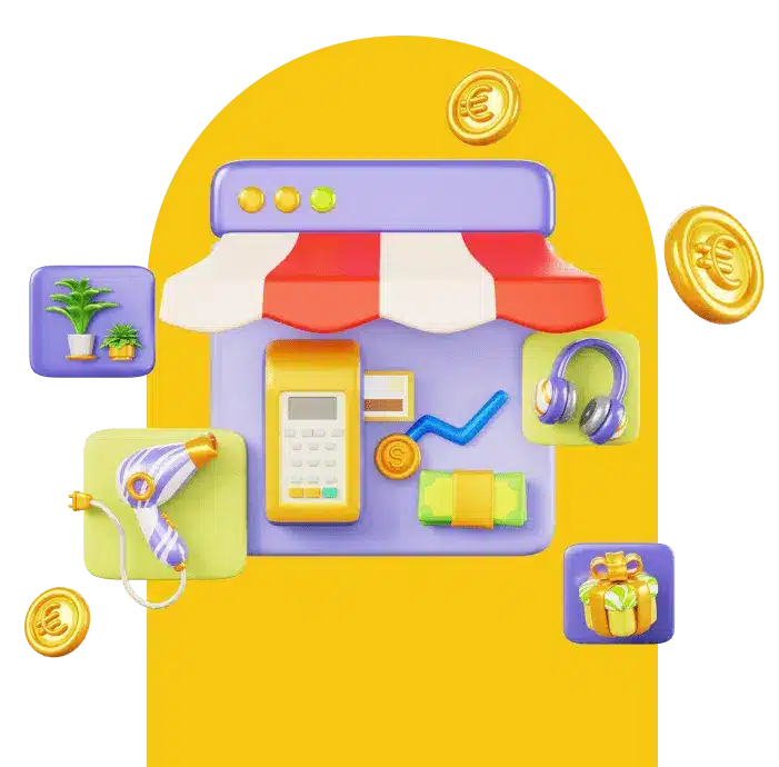 An illustration of an online store concept with a storefront featuring a red and white striped awning. Surrounding the storefront are various icons, including a plant, a hairdryer, a payment terminal, headphones, a wrapped gift, and floating gold coins, all set against a yellow background.